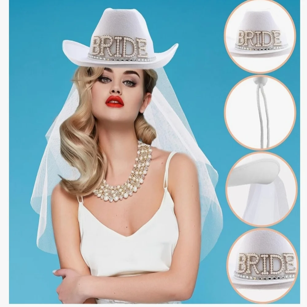 NEW 2 Pack White Bride Cowgirl Hat w/ Veil - Picture 7 of 13